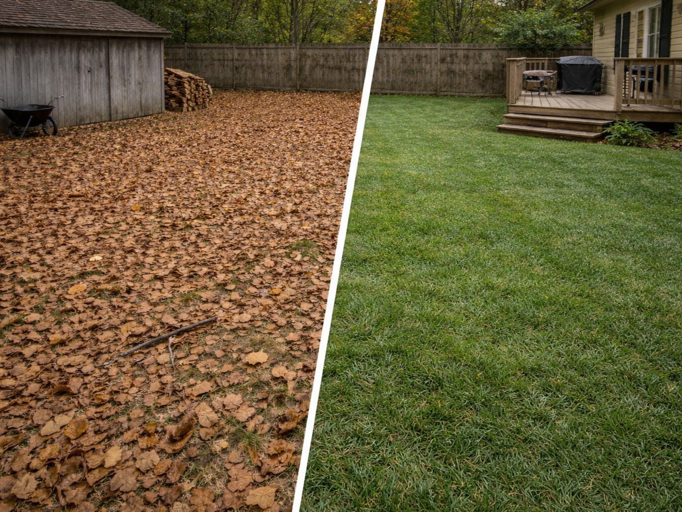 Autumn seasonal yard cleanup with raked leaf piles